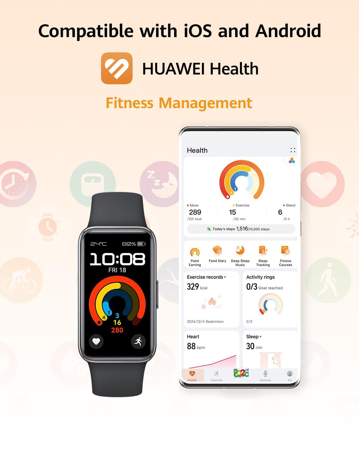 Huawei Band 9, Comfortable All-Day Wearing, Sleep Tracking, Fast Charging, Durable Battery, Intelligent Brightness Adjustments, 100 Different Workout Modes, Compatible with iOS&Android (Pink)