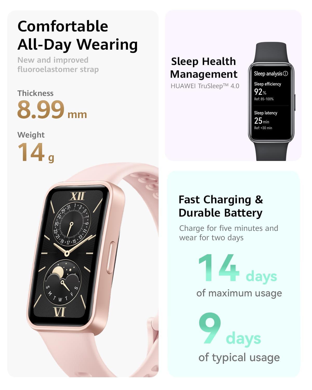 Huawei Band 9, Comfortable All-Day Wearing, Sleep Tracking, Fast Charging, Durable Battery, Intelligent Brightness Adjustments, 100 Different Workout Modes, Compatible with iOS&Android (Pink)