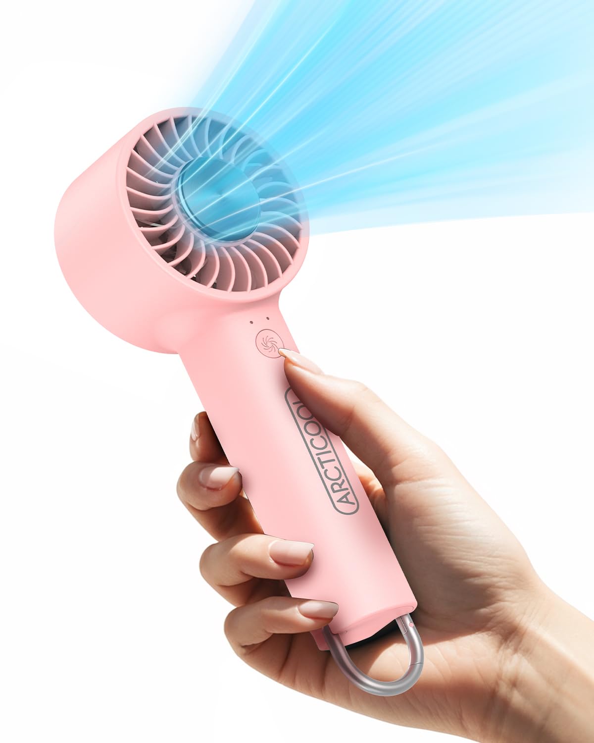 ARCTICOOL Ice-Cool Portable Mini Fan with Semiconductor Cooling Tech - 7500RPM Rechargeable Handheld Fan with Buckle, 2000mAh Battery, Pocket-Sized Cooling for Makeup, Travel, and Outdoor Use (Pink)