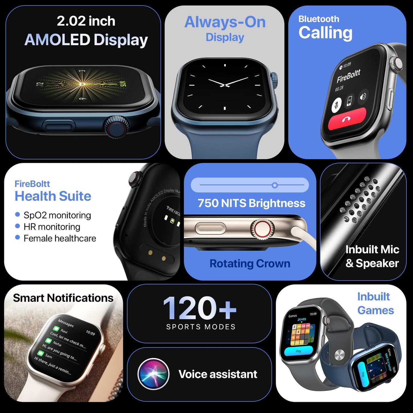 Fire-Boltt Brillia Smart Watch with 51.3mm (2.02 inch) AMOLED Display, Bluetooth Calling, SpO2, Heart Rate Monitoring, 120+ Sports Modes (Brillia, Black)