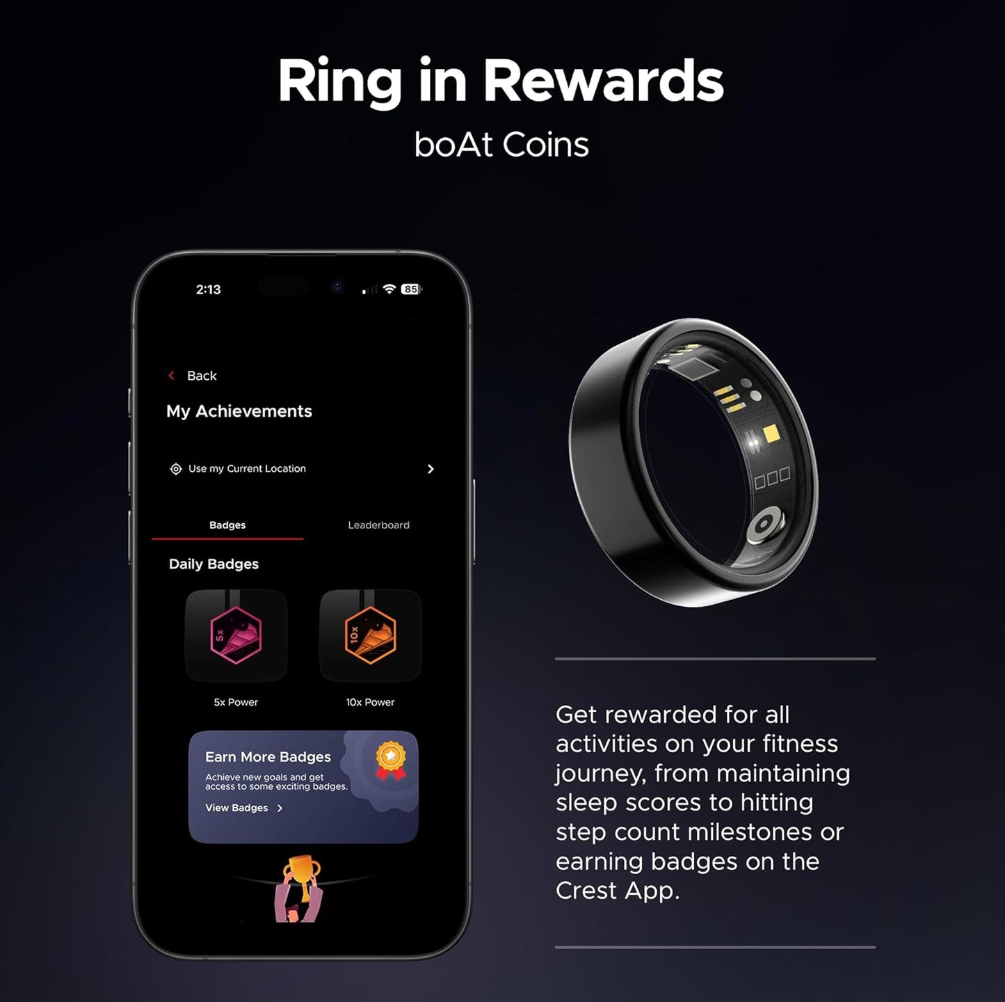 boAt SmartRing Active w/Stylish Stainless-Steel & Lightweight, Health Monitor, Magnetic Charging Case, 5ATM,Crest App & Coins, 20+ Sports Modes(Midnight Black 12)