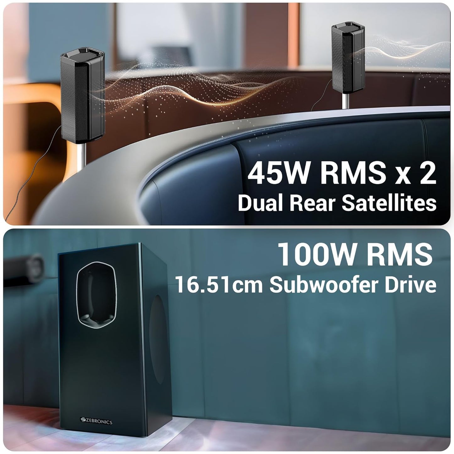 ZEBRONICS Juke BAR 7600 Soundbar, 300 Watts, 5.1 Surround, Dual Rear Satellites, Triple Driver Soundbar, 6.5"" Subwoofer, Bluetooth | HDMI (ARC) | Optical | USB | AUX