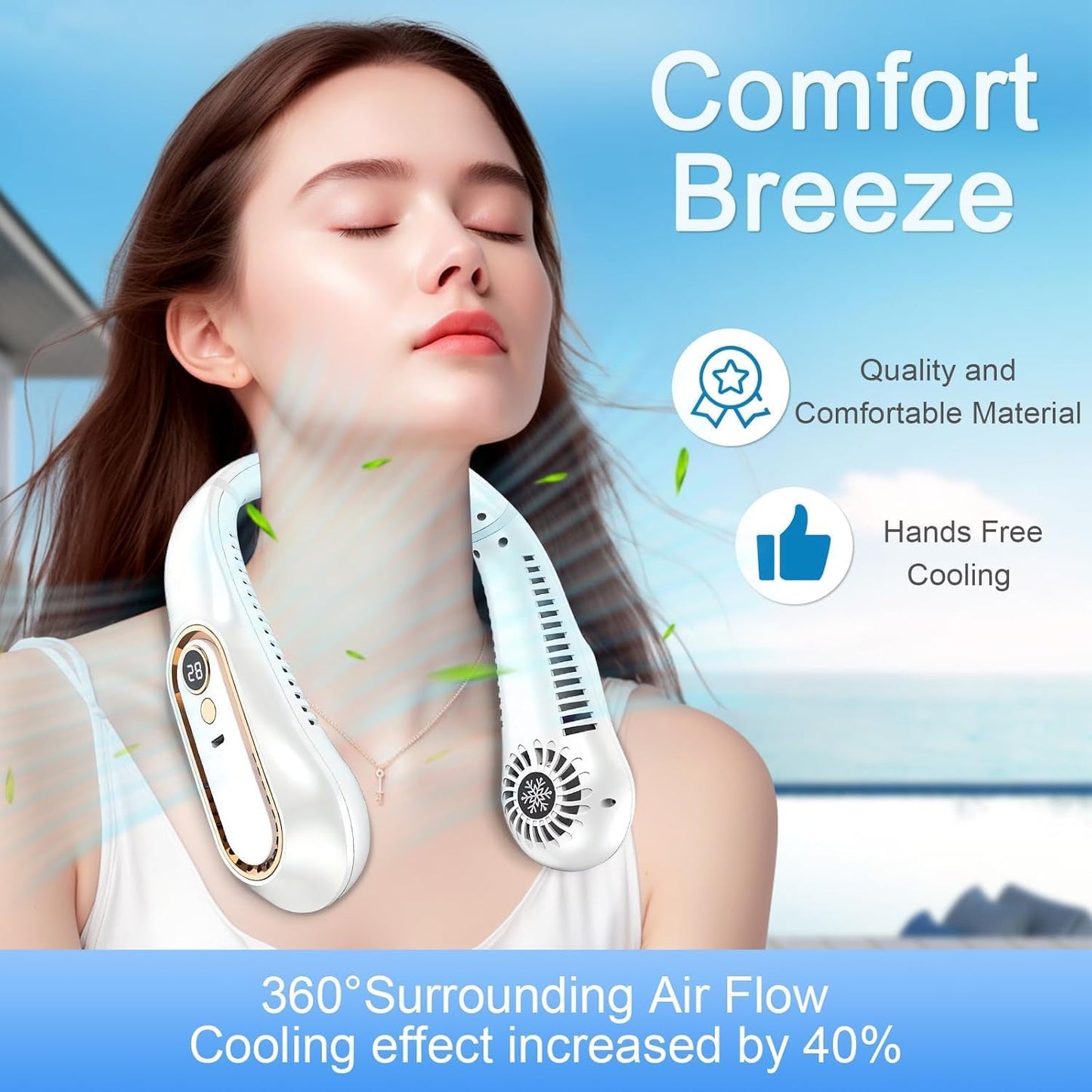 NIDAN Portable Neck Fan – Hands-Free Bladeless Wearable Fan, Ultra-Light Rechargeable USB Fan with 3 Speeds & 48 Air Outlets – Personal Cooling Fan for Travel, Sports, Office, Home