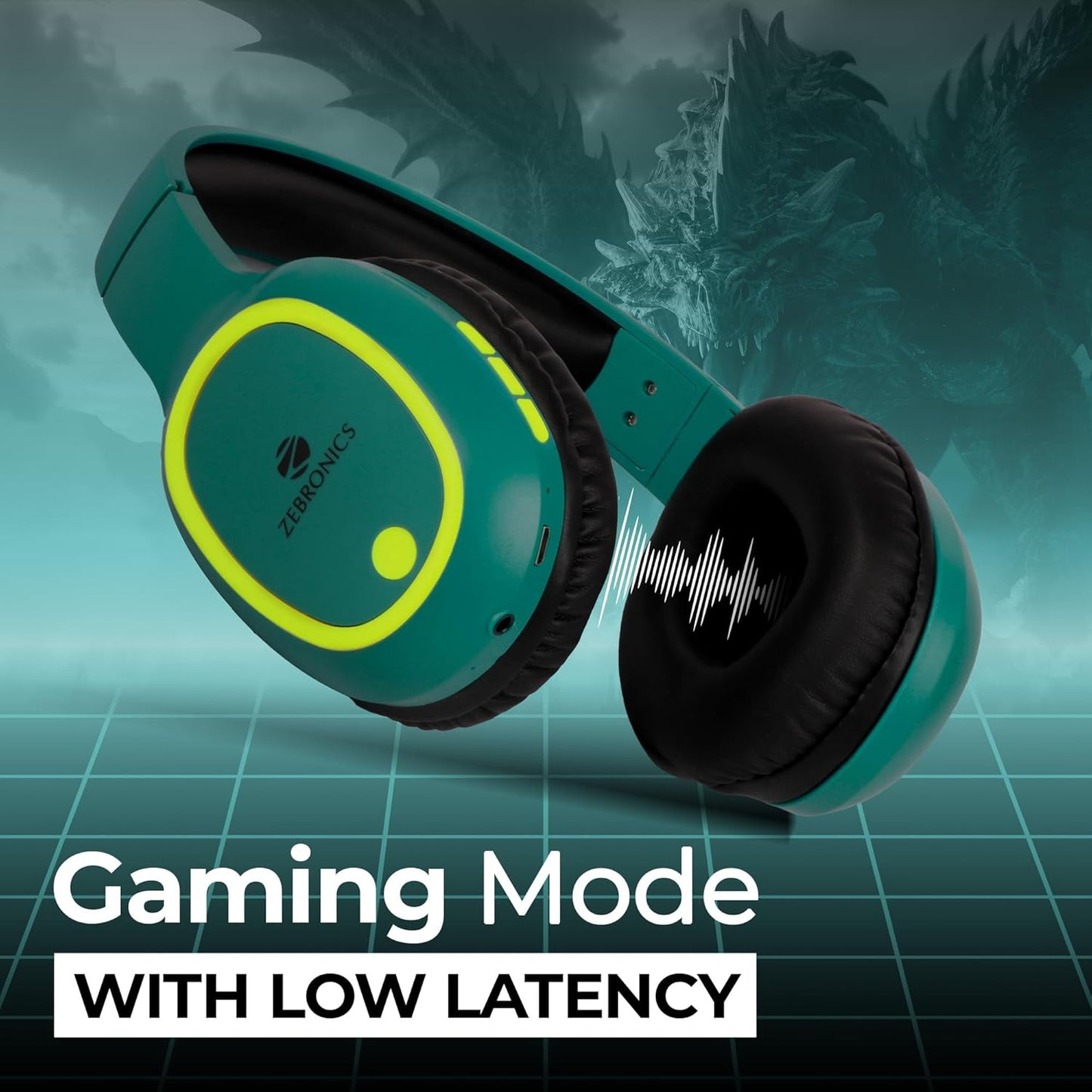 ZEBRONICS Thunder Bluetooth 5.3 Wireless Over Ear Headphones with 60H Backup, Gaming Mode, Dual Pairing, Enc, Aux, Micro Sd, Voice Assistant, Comfortable Earcups, Call Function (Teal Green)