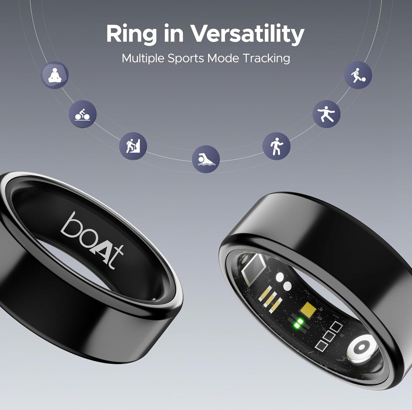 boAt SmartRing Active w/Stylish Stainless-Steel & Lightweight, Health Monitor, Magnetic Charging Case, 5ATM,Crest App & Coins, 20+ Sports Modes(Midnight Black 12)