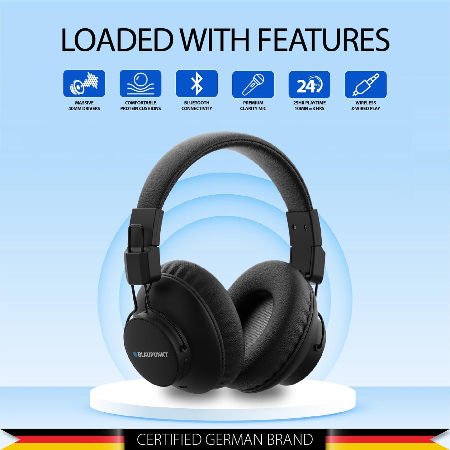 Blaupunkt Newly Launched BH41 Bluetooth Wireless Over Ear Headphones I Long Playtime I 40MM Drivers I Foldable I Flexible & Light Weight I Built in Mic I TurboVolt Fast Charging