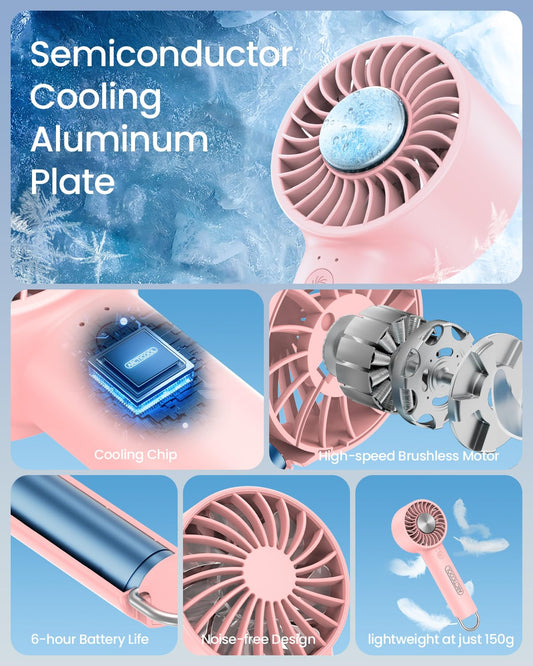 ARCTICOOL Ice-Cool Portable Mini Fan with Semiconductor Cooling Tech - 7500RPM Rechargeable Handheld Fan with Buckle, 2000mAh Battery, Pocket-Sized Cooling for Makeup, Travel, and Outdoor Use (Pink)