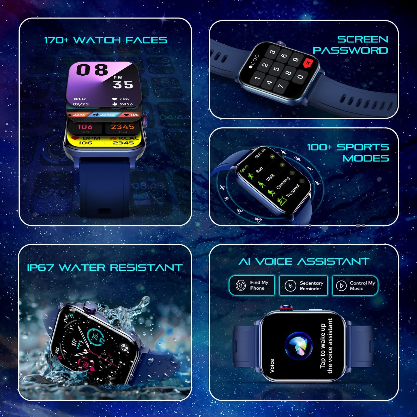 itel ICON 3 Smartwatch with Single chip BT Calling, 2.01" AMOLED Display, 500 Nits Brightness, Functional Crown, IP67 Waterproof, 170+ Watch Faces, 24Hr Health Monitor (Midnight Blue)