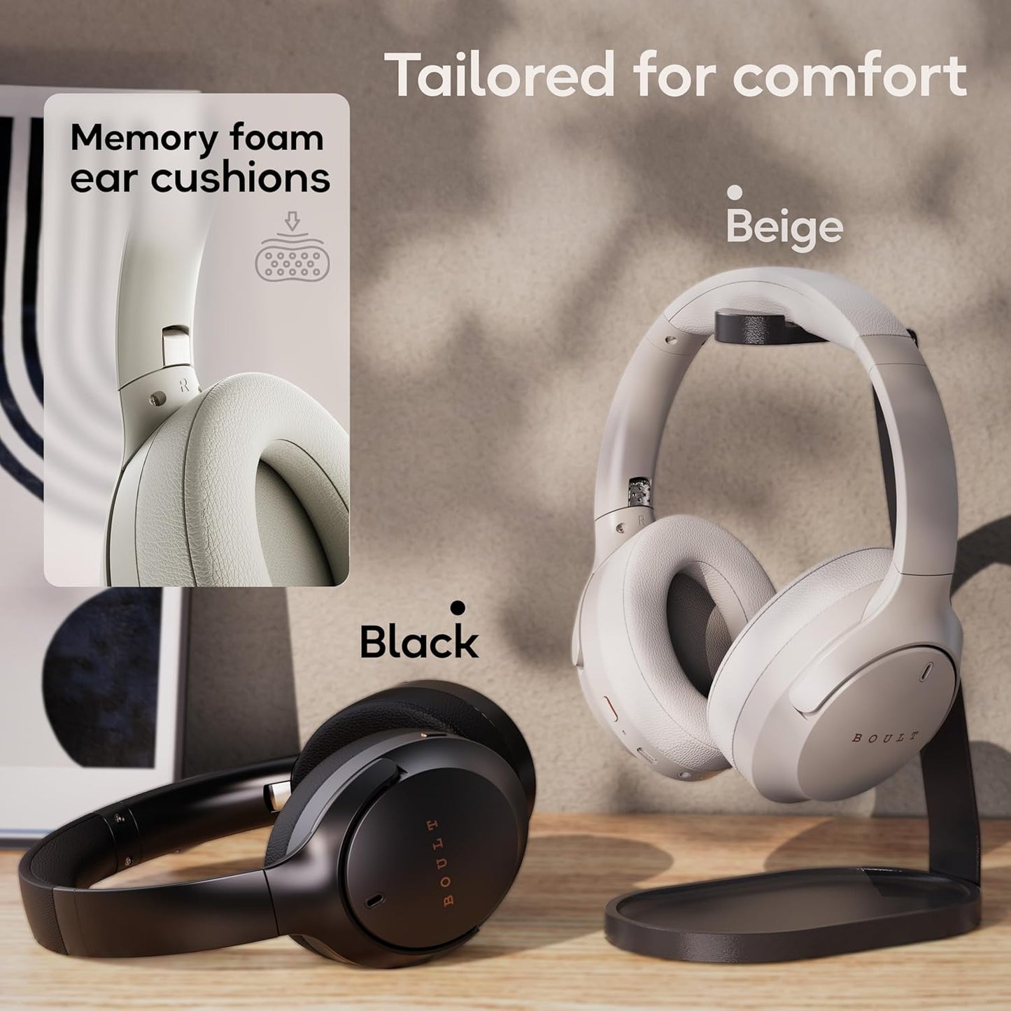 Boult Q Over Ear Bluetooth Headphones with 70H Playtime, 40mm Bass Drivers, Zen™ ENC Mic, Type-C Fast Charging, 4 EQ Modes, Bluetooth 5.4, AUX Option, Easy Controls, IPX5 Wireless Headphones (Beige)