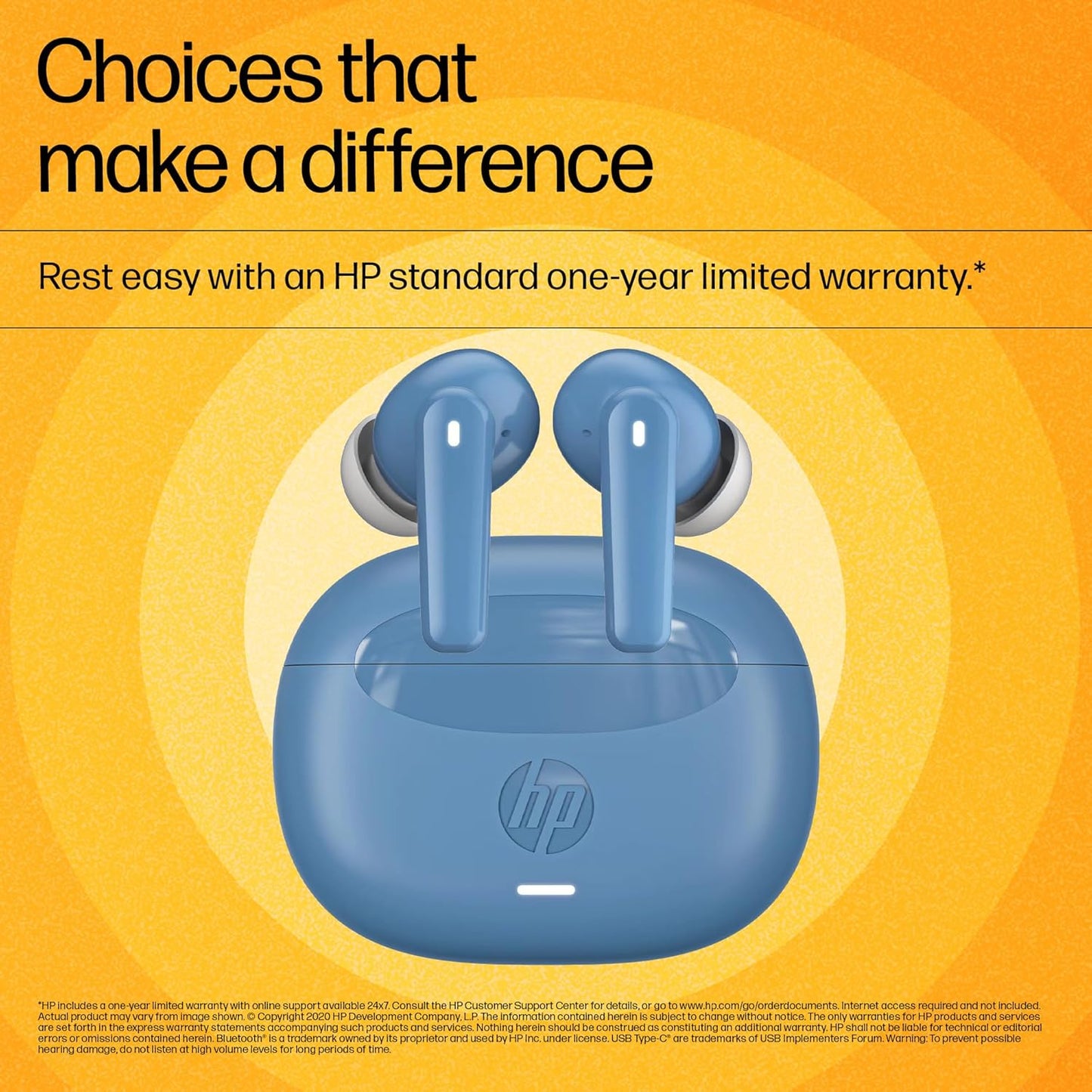 HP H150 True Wireless Earbuds, Bluetooth Connectivity, Digital Active Noise Cancelation, 7 Hours of Playtime, Fingerprint Touch, IPX3 Water-Resistant Design, 1-Year Limited Warranty, Blue, A20QBAA
