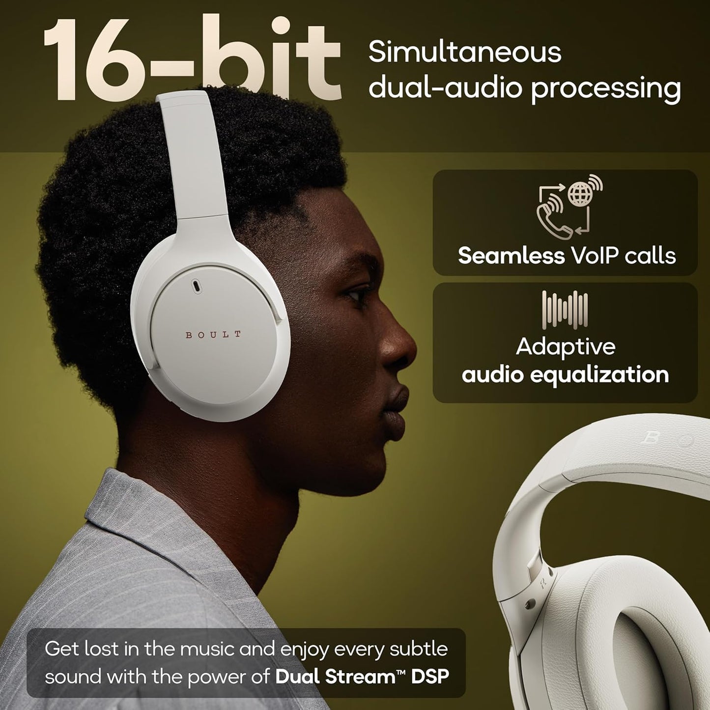 Boult Q Over Ear Bluetooth Headphones with 70H Playtime, 40mm Bass Drivers, Zen™ ENC Mic, Type-C Fast Charging, 4 EQ Modes, Bluetooth 5.4, AUX Option, Easy Controls, IPX5 Wireless Headphones (Beige)
