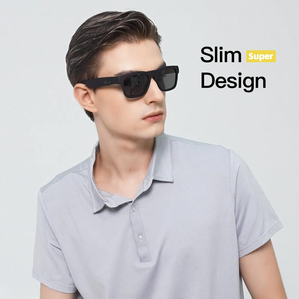 OhO sunshine Unisex-adult Audio Rectangular Polarized Sunglasses, Bluetooth 5.0 Version Wireless, Open Ear Style Listen Music and Calls - Pack of 1 (Black Frame-black Lens, One Size)