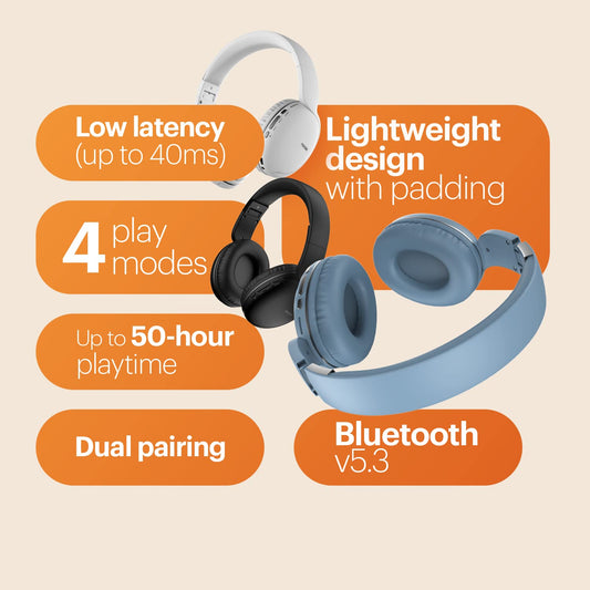 Noise Two Wireless On-Ear Headphones with 50 Hours Playtime, Low Latency(up to 40ms), 4 Play Modes, Dual Pairing, BT v5.3 (Serene Blue)