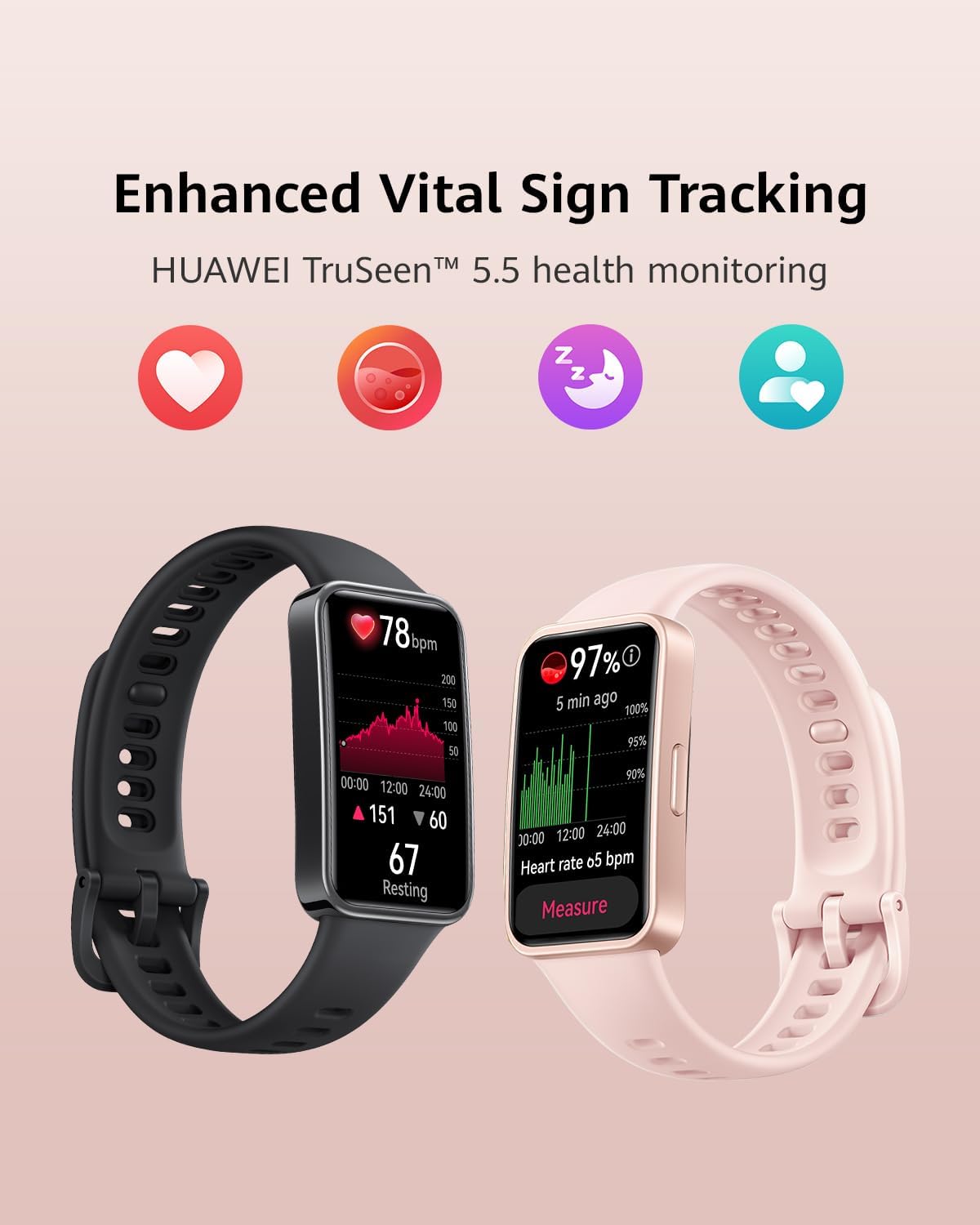 Huawei Band 9, Comfortable All-Day Wearing, Sleep Tracking, Fast Charging, Durable Battery, Intelligent Brightness Adjustments, 100 Different Workout Modes, Compatible with iOS&Android (Pink)