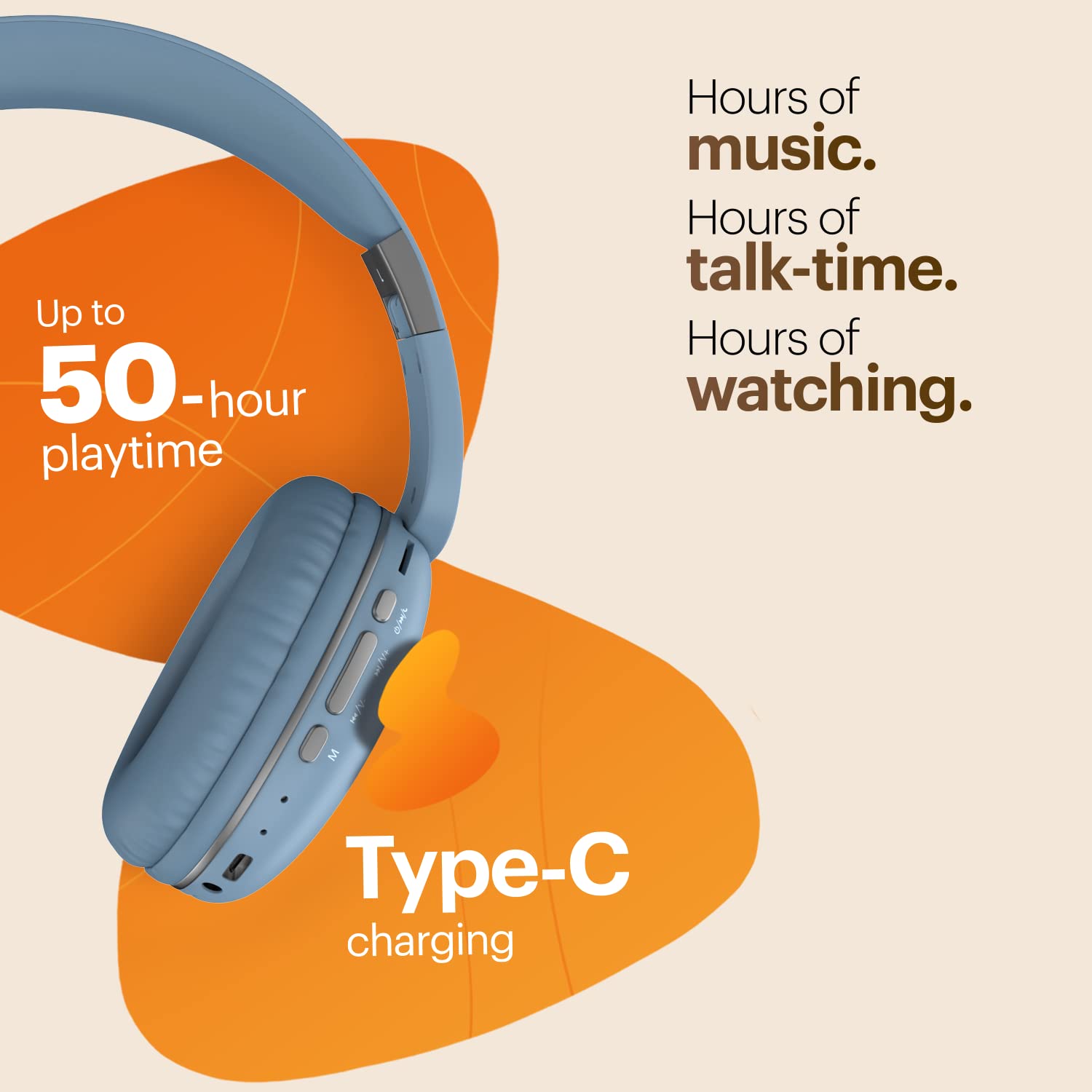 Noise Two Wireless On-Ear Headphones with 50 Hours Playtime, Low Latency(up to 40ms), 4 Play Modes, Dual Pairing, BT v5.3 (Serene Blue)