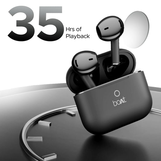 Boat Airdopes Joy, 35Hrs Battery, Fast Charge, IWP Tech, Low Latency, 2Mic ENx, Type-C Port, v5.3 Bluetooth Earbuds, TWS Ear Buds Wireless Earphones with mic(Jet Black)