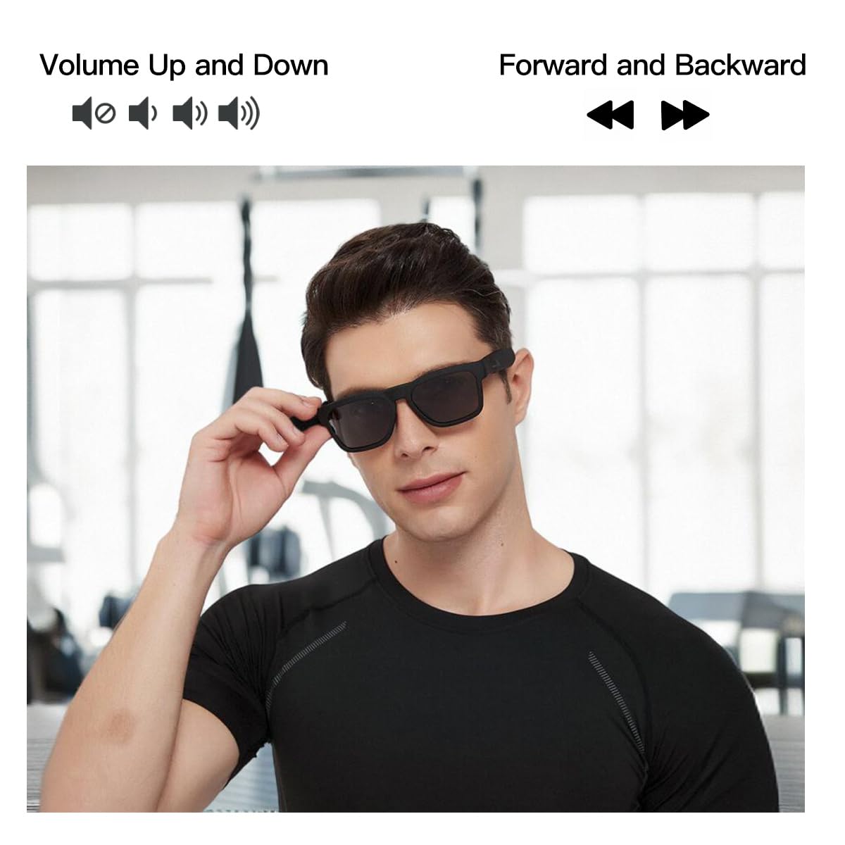 OhO sunshine Unisex-adult Audio Rectangular Polarized Sunglasses, Bluetooth 5.0 Version Wireless, Open Ear Style Listen Music and Calls - Pack of 1 (Black Frame-black Lens, One Size)