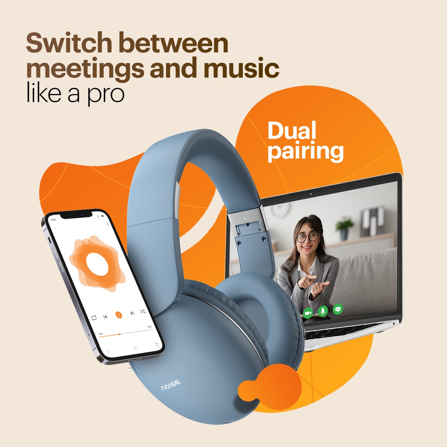 Noise Two Wireless On-Ear Headphones with 50 Hours Playtime, Low Latency(up to 40ms), 4 Play Modes, Dual Pairing, BT v5.3 (Serene Blue)