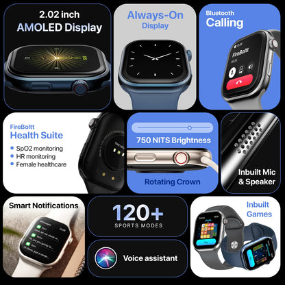 Fire-Boltt Brillia Smart Watch with 51.3mm (2.02 inch) AMOLED Display, Bluetooth Calling, SpO2, Heart Rate Monitoring, 120+ Sports Modes (Brillia, Black)