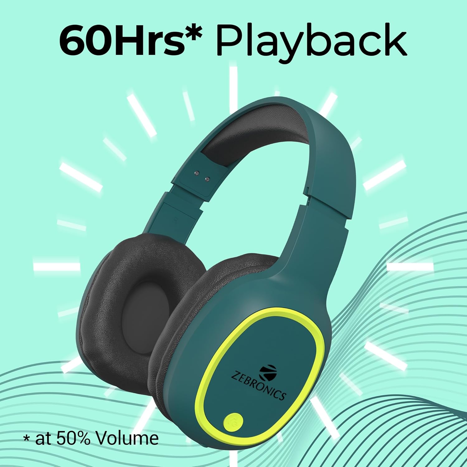 ZEBRONICS Thunder Bluetooth 5.3 Wireless Over Ear Headphones with 60H Backup, Gaming Mode, Dual Pairing, Enc, Aux, Micro Sd, Voice Assistant, Comfortable Earcups, Call Function (Teal Green)