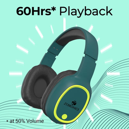 ZEBRONICS Thunder Bluetooth 5.3 Wireless Over Ear Headphones with 60H Backup, Gaming Mode, Dual Pairing, Enc, Aux, Micro Sd, Voice Assistant, Comfortable Earcups, Call Function (Teal Green)