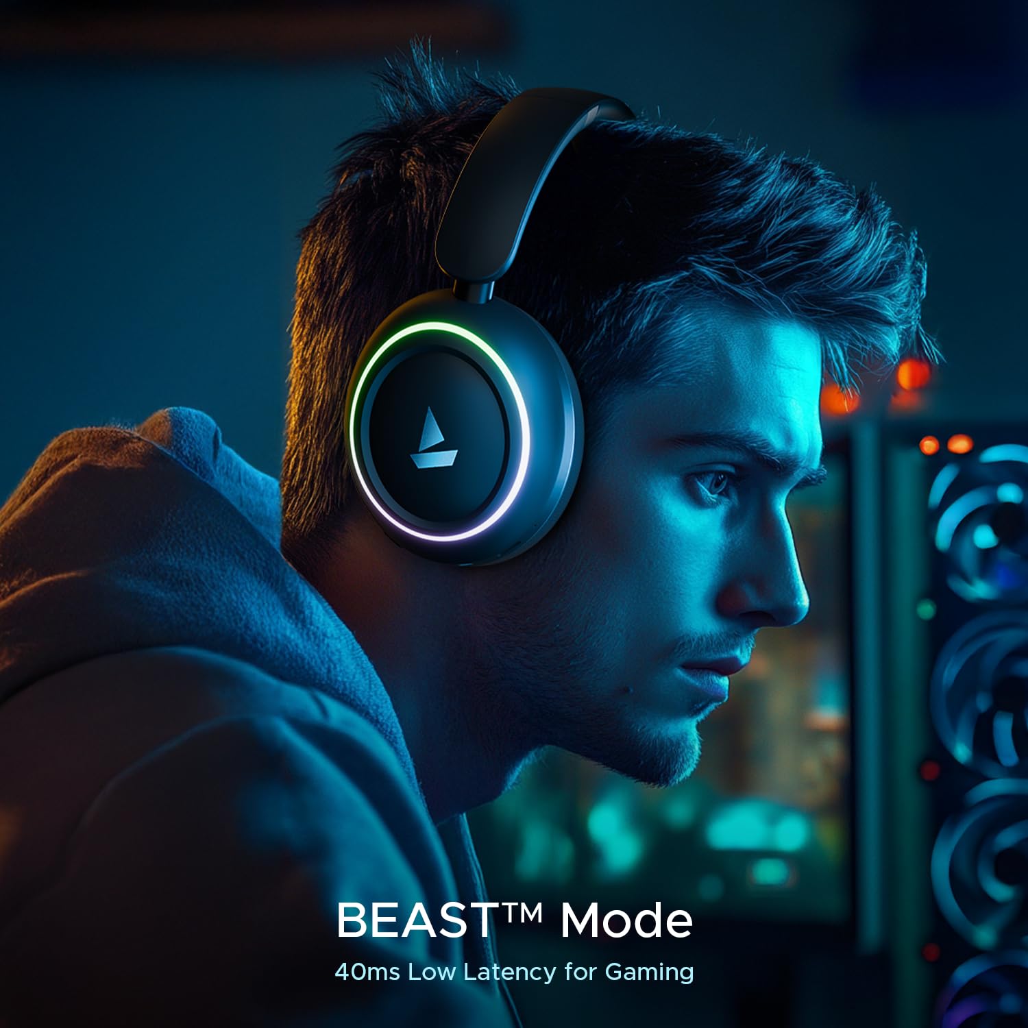 boAt Rockerz 480 w/RGB LEDs, 6 Light Modes, 40mm Drivers, Beast Mode, 60hrs Playback, ENx Tech, BT v5.3, Adaptive Fit & Easy Access Controls, Bluetooth Headphones(Black Sabre)