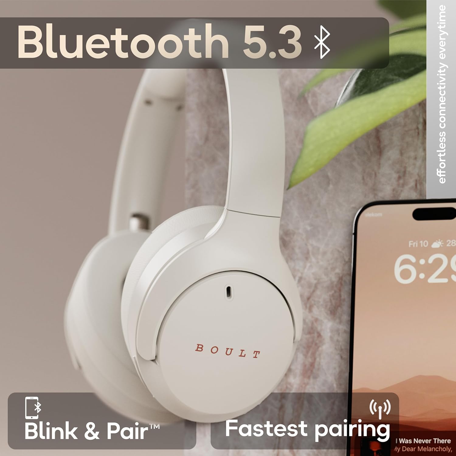 Boult Q Over Ear Bluetooth Headphones with 70H Playtime, 40mm Bass Drivers, Zen™ ENC Mic, Type-C Fast Charging, 4 EQ Modes, Bluetooth 5.4, AUX Option, Easy Controls, IPX5 Wireless Headphones (Beige)