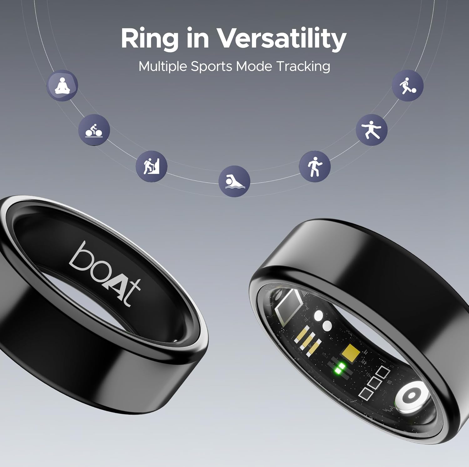 boAt SmartRing Active w/Stylish Stainless-Steel & Lightweight, Health Monitor, Magnetic Charging Case, 5ATM,Crest App & Coins, 20+ Sports Modes(Midnight Black 12)