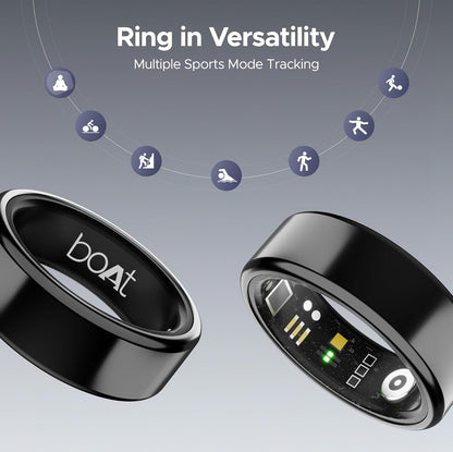 boAt SmartRing Active w/Stylish Stainless-Steel & Lightweight, Health Monitor, Magnetic Charging Case, 5ATM,Crest App & Coins, 20+ Sports Modes(Midnight Black 12)