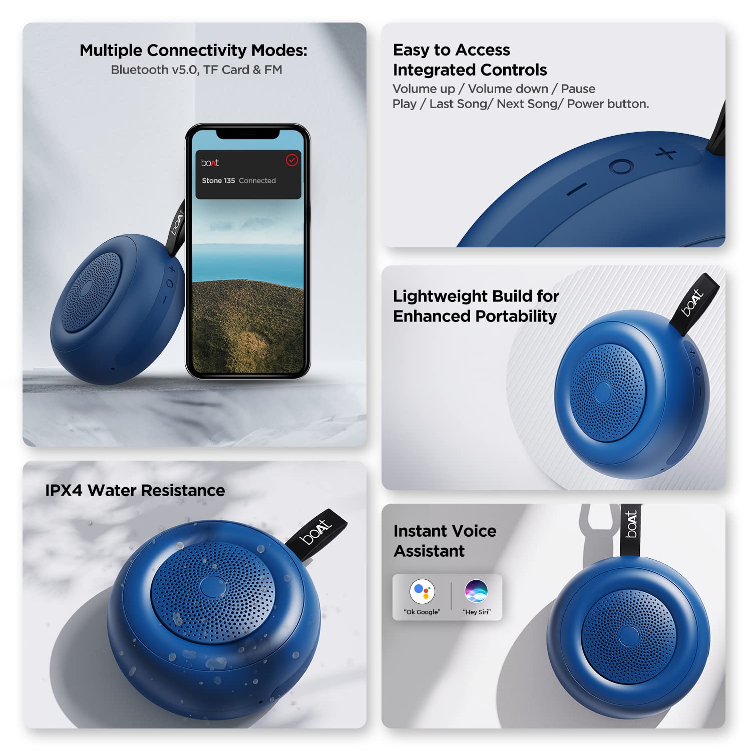 boAt Stone 135 Portable Wireless Speaker with 5W RMS Immersive Sound,IPX4 Water Resistance, True Wireless Feature, Up to 11H Total Playtime, Multi-Connectivity Modes with Type C Charging(Bold Blue)