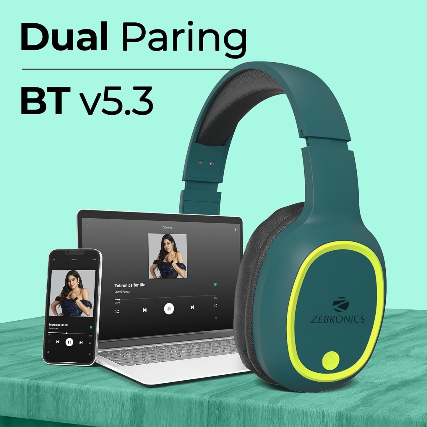 ZEBRONICS Thunder Bluetooth 5.3 Wireless Over Ear Headphones with 60H Backup, Gaming Mode, Dual Pairing, Enc, Aux, Micro Sd, Voice Assistant, Comfortable Earcups, Call Function (Teal Green)