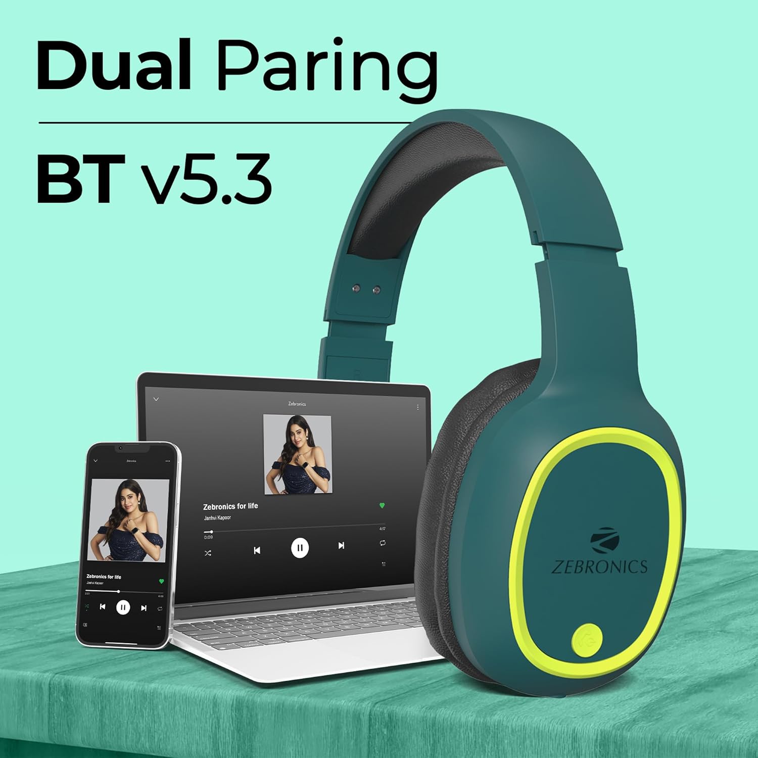 ZEBRONICS Thunder Bluetooth 5.3 Wireless Over Ear Headphones with 60H Backup, Gaming Mode, Dual Pairing, Enc, Aux, Micro Sd, Voice Assistant, Comfortable Earcups, Call Function (Teal Green)