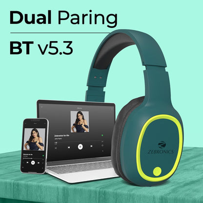 ZEBRONICS Thunder Bluetooth 5.3 Wireless Over Ear Headphones with 60H Backup, Gaming Mode, Dual Pairing, Enc, Aux, Micro Sd, Voice Assistant, Comfortable Earcups, Call Function (Teal Green)