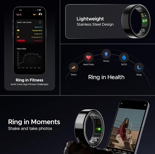 boAt SmartRing Active w/Stylish Stainless-Steel & Lightweight, Health Monitor, Magnetic Charging Case, 5ATM,Crest App & Coins, 20+ Sports Modes(Midnight Black 12)