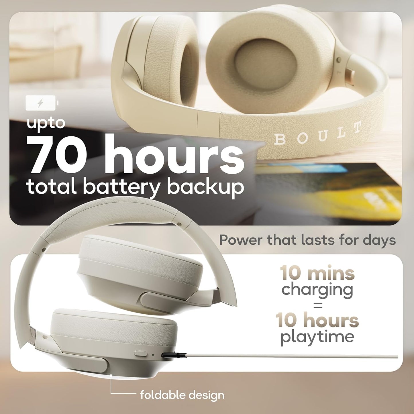 Boult Q Over Ear Bluetooth Headphones with 70H Playtime, 40mm Bass Drivers, Zen™ ENC Mic, Type-C Fast Charging, 4 EQ Modes, Bluetooth 5.4, AUX Option, Easy Controls, IPX5 Wireless Headphones (Beige)