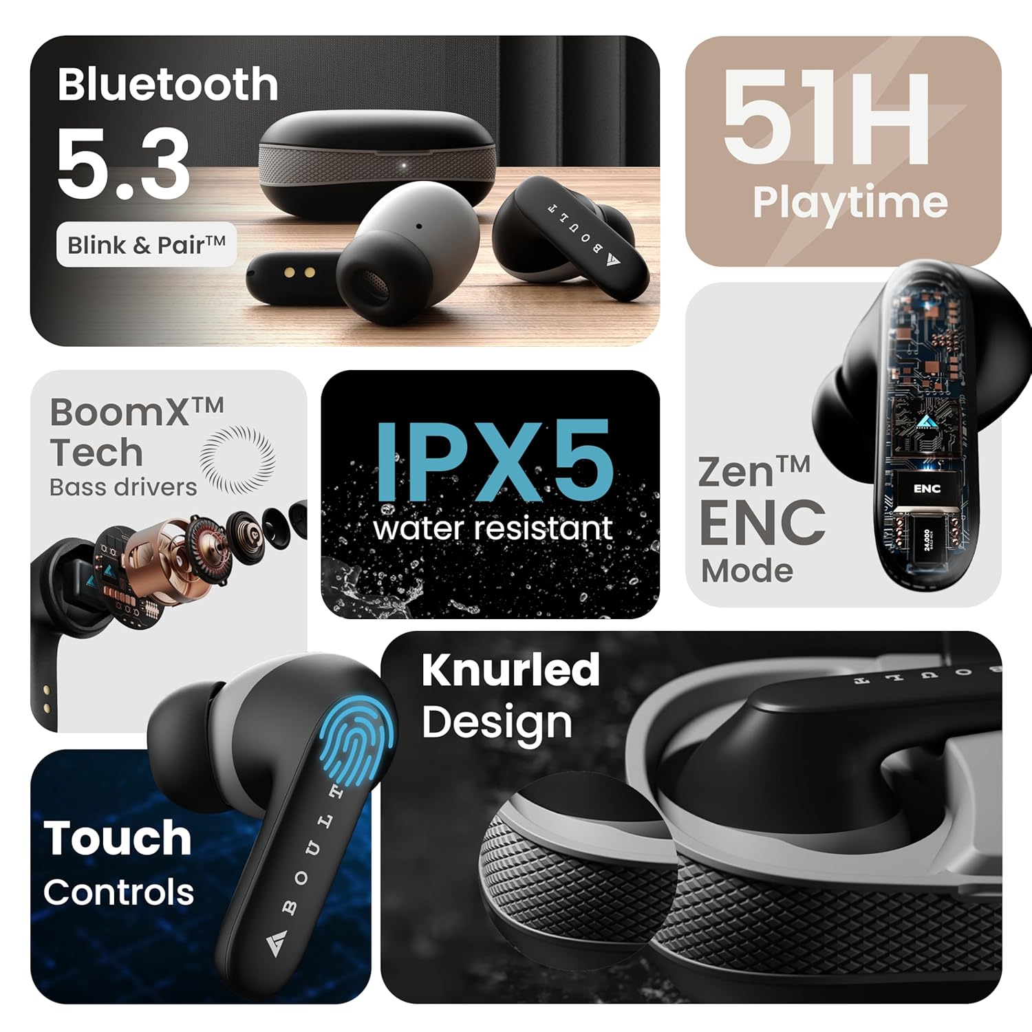 Boult Z20 Truly Wireless Bluetooth Ear Buds with 51H Playtime, Zen™ Calling ENC Mic, Made in India, Low Latency Gaming, Touch Controls, Rich Bass Drivers, TWS Earbuds Bluetooth Wireless (Jet Black)