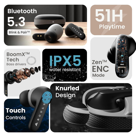 Boult Z20 Truly Wireless Bluetooth Ear Buds with 51H Playtime, Zen™ Calling ENC Mic, Made in India, Low Latency Gaming, Touch Controls, Rich Bass Drivers, TWS Earbuds Bluetooth Wireless (Jet Black)