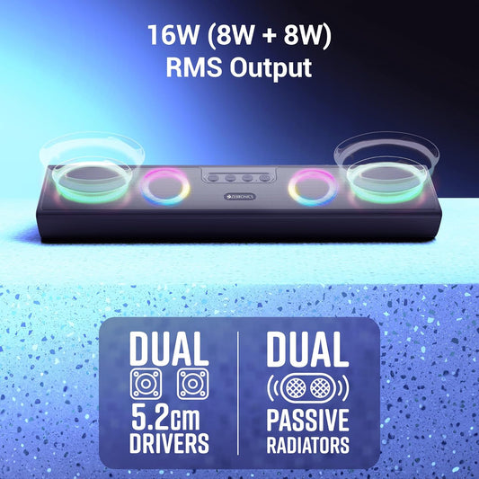ZEBRONICS Astra 35, Portable Bluetooth Speaker, 16 Watts, Upto 24h Backup, Dual Drivers + Dual Passive Radiators, Call Function, Bluetooth v5.3 | USB | mSD| AUX, TWS, RGB LED