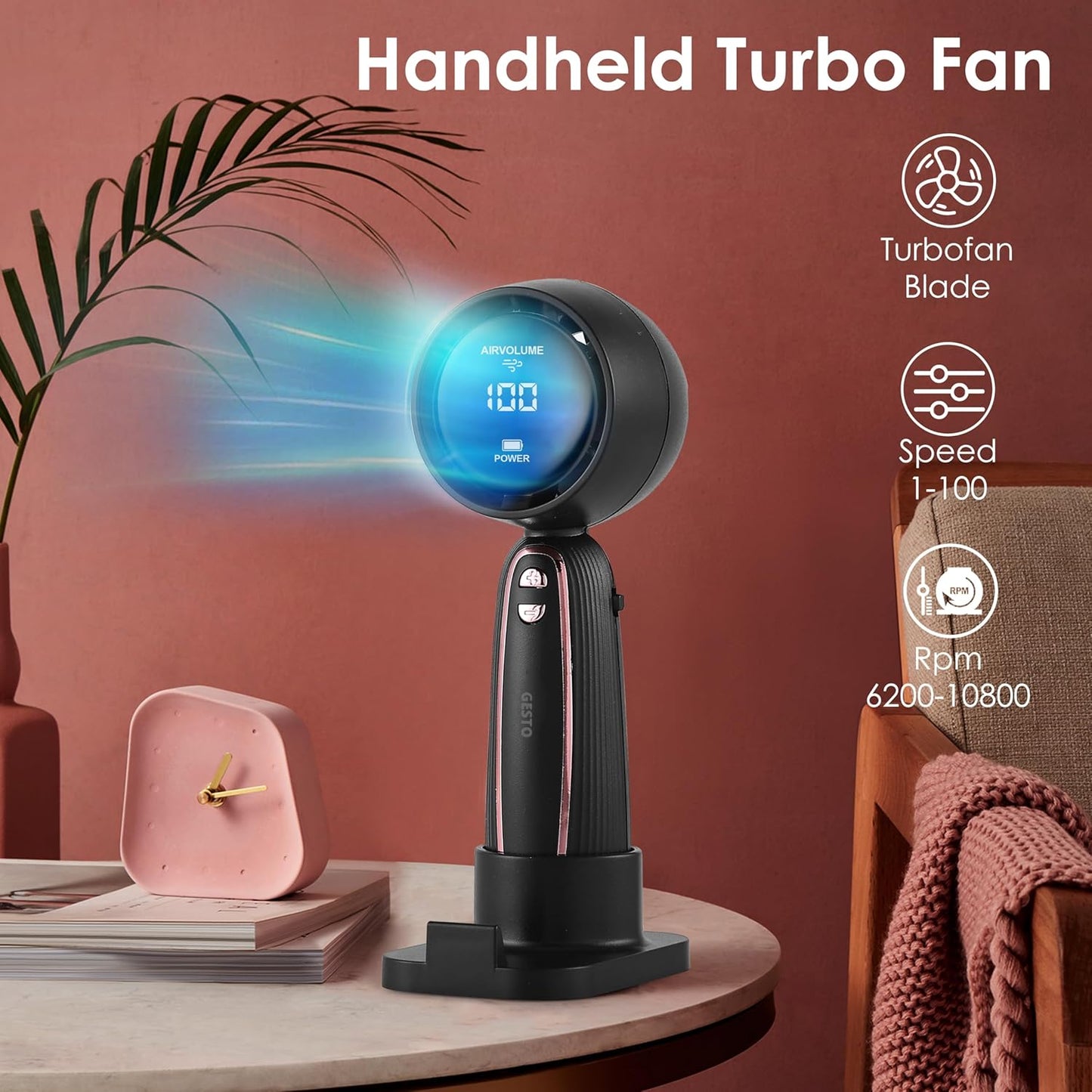 Gesto Portable Fan Rechargeable With Digital Display – High Speed With 100 Speed Modes | Mini Fan,Small Fan,USB Charging Hand Fan with 4000mAh Battery Upto 20 Hrs Runtime | Travel,Women’s Makeup