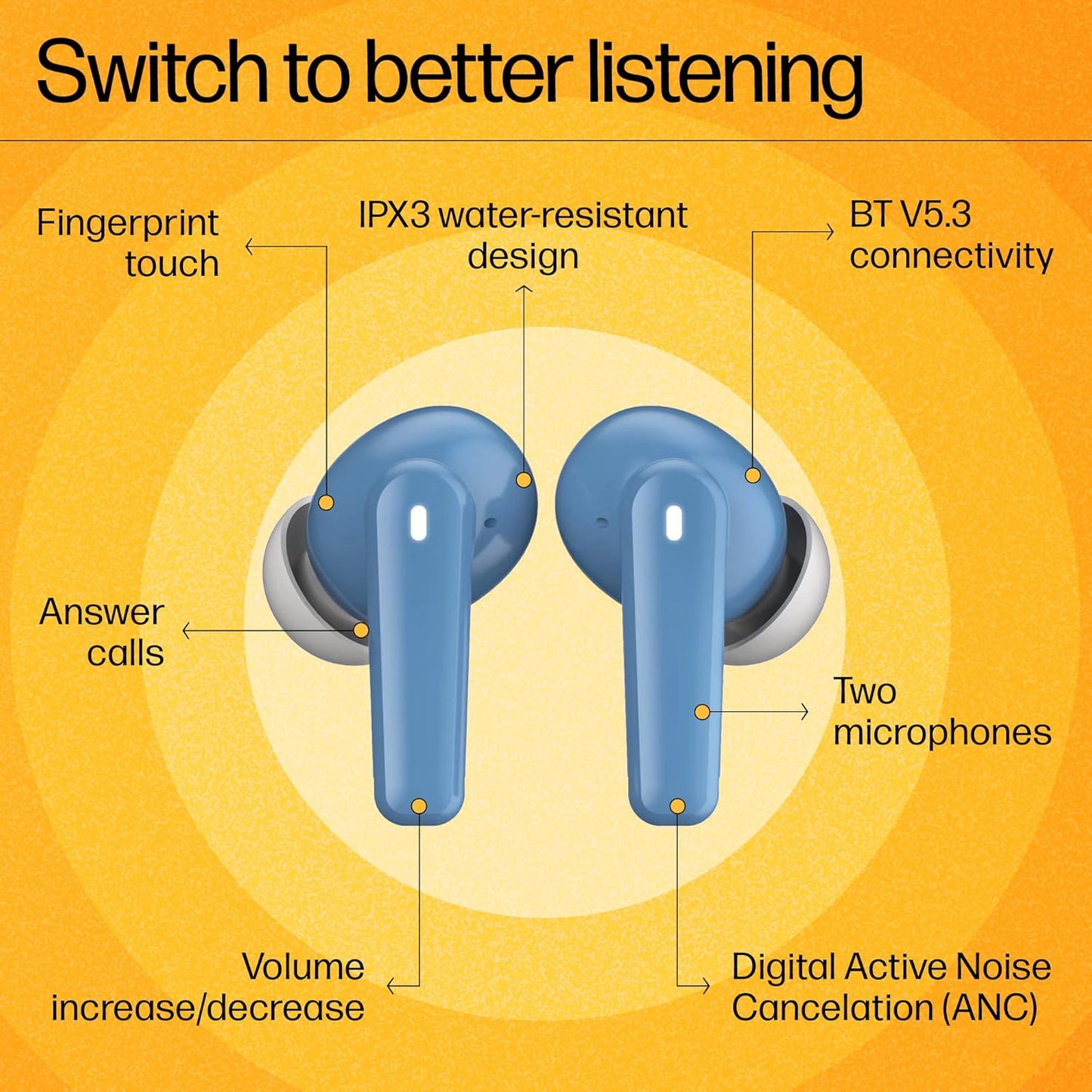 HP H150 True Wireless Earbuds, Bluetooth Connectivity, Digital Active Noise Cancelation, 7 Hours of Playtime, Fingerprint Touch, IPX3 Water-Resistant Design, 1-Year Limited Warranty, Blue, A20QBAA