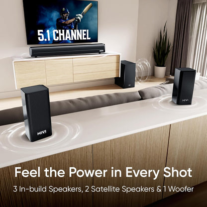 Mivi Fort H350 Soundbar [Just Launched], 5.1 Channel with 3 Built-in Speakers, 2 Satellite Speakers & External Subwoofer, Multiple EQ/Input Modes, Home Theatre 5.1,Made in India Sound Bar