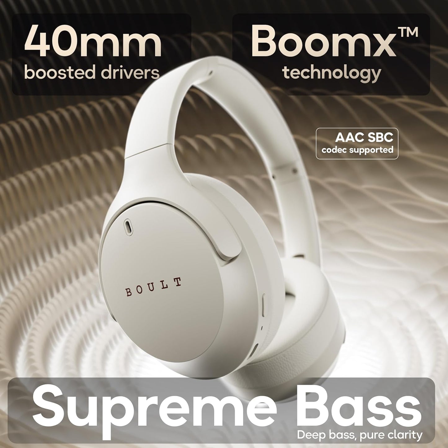 Boult Q Over Ear Bluetooth Headphones with 70H Playtime, 40mm Bass Drivers, Zen™ ENC Mic, Type-C Fast Charging, 4 EQ Modes, Bluetooth 5.4, AUX Option, Easy Controls, IPX5 Wireless Headphones (Beige)