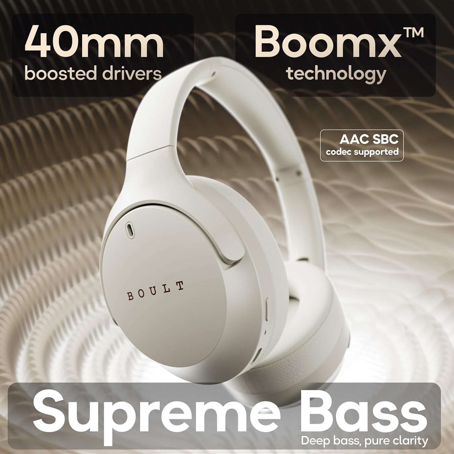 Boult Q Over Ear Bluetooth Headphones with 70H Playtime, 40mm Bass Drivers, Zen™ ENC Mic, Type-C Fast Charging, 4 EQ Modes, Bluetooth 5.4, AUX Option, Easy Controls, IPX5 Wireless Headphones (Beige)