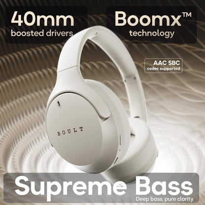 Boult Q Over Ear Bluetooth Headphones with 70H Playtime, 40mm Bass Drivers, Zen™ ENC Mic, Type-C Fast Charging, 4 EQ Modes, Bluetooth 5.4, AUX Option, Easy Controls, IPX5 Wireless Headphones (Beige)