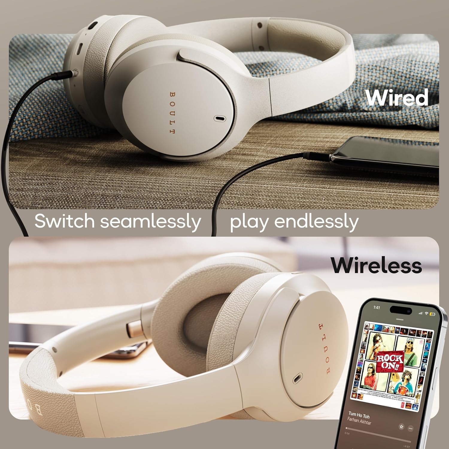 Boult Q Over Ear Bluetooth Headphones with 70H Playtime, 40mm Bass Drivers, Zen™ ENC Mic, Type-C Fast Charging, 4 EQ Modes, Bluetooth 5.4, AUX Option, Easy Controls, IPX5 Wireless Headphones (Beige)