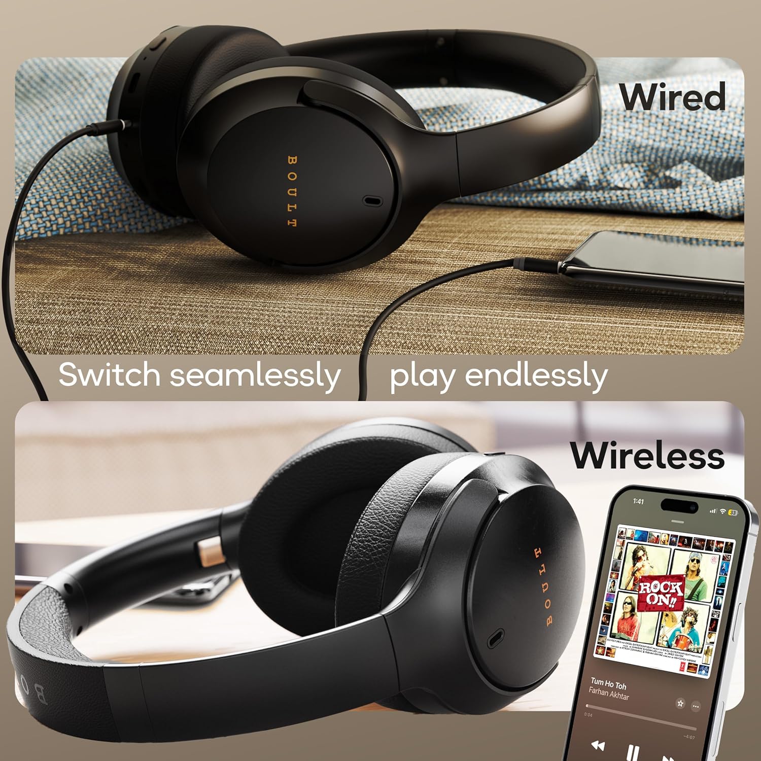 Boult Q Over Ear Bluetooth Headphones with 70H Playtime, 40mm Bass Drivers, Zen™ ENC Mic, Type-C Fast Charging, 4 EQ Modes, Bluetooth 5.4, AUX Option, Easy Controls, IPX5 Wireless Headphones (Black)